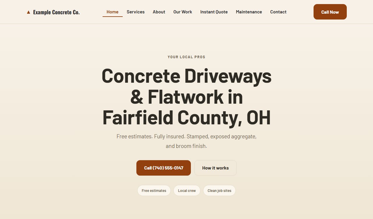 Sample concrete website design, Homestead style