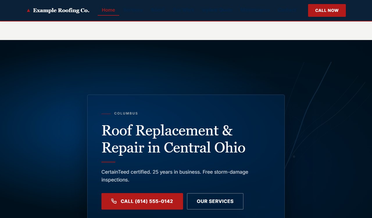 Sample roofing website design, Capital style