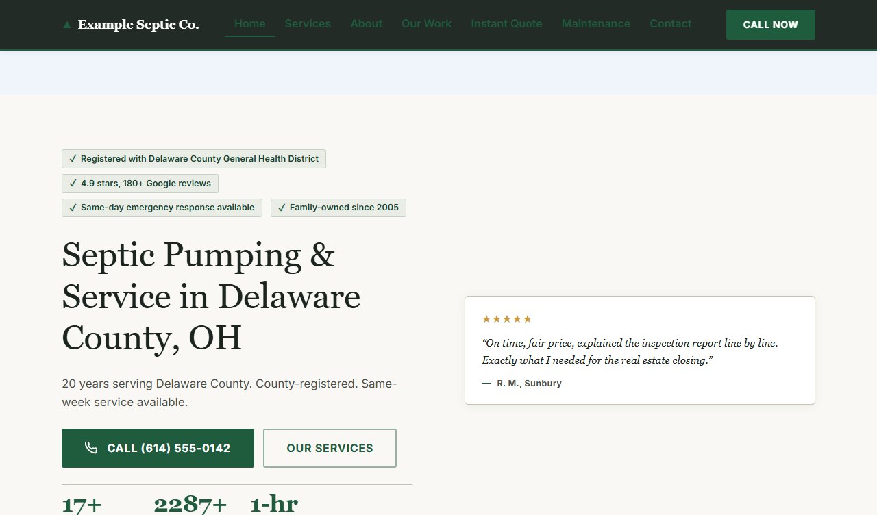Sample septic website design, Cornerstone style